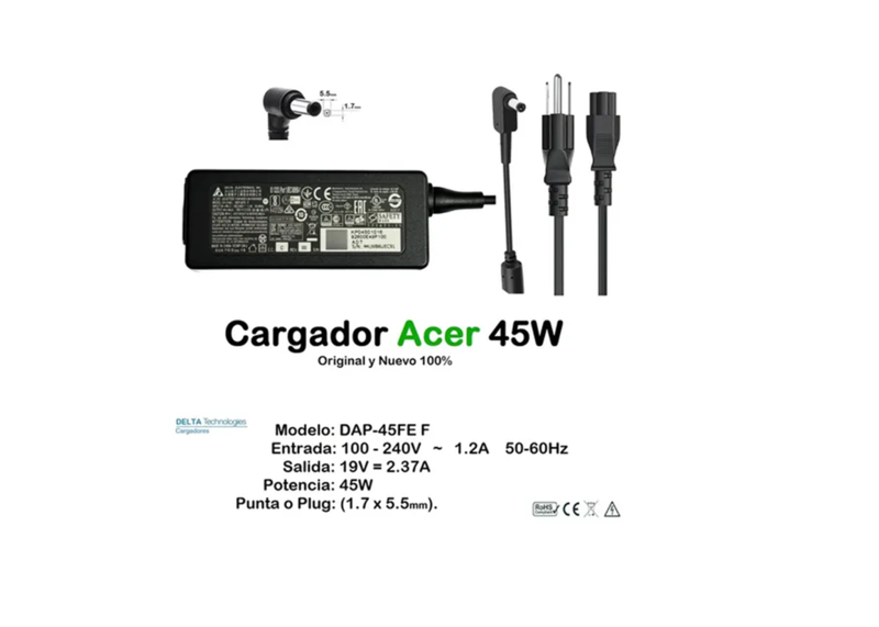 Cargador Acer Aspire 19v 2.37a 45w Plug 5.5×1.7mm Original