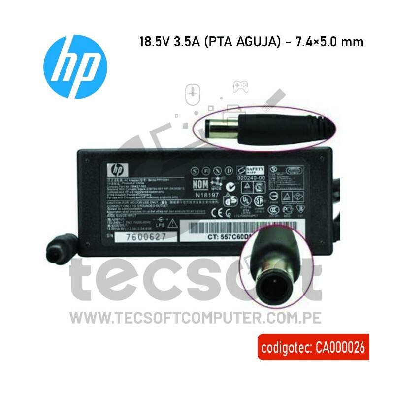 Cargador HP Compaq 18.5v 3.5a 65w Punta de Aguja 7.4×5.0mm